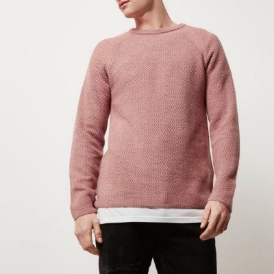 Pink textured knit crew neck jumper